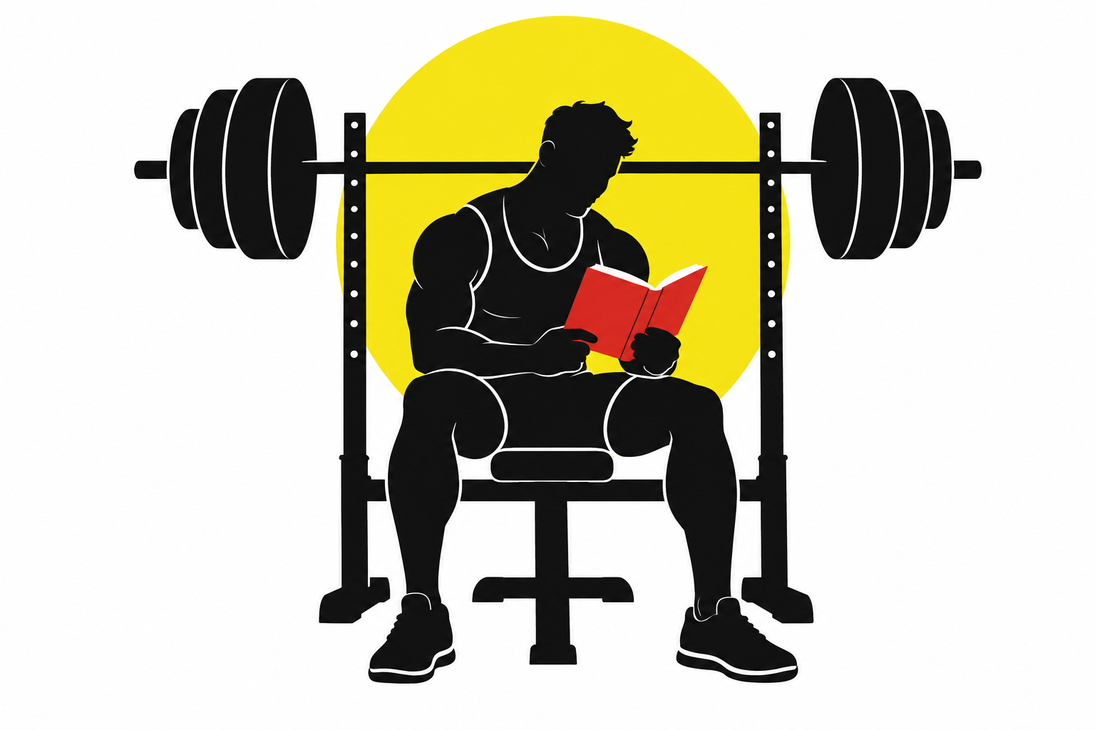 Een man leest een rood boek op een fitnessbank, tussen de gewichten.