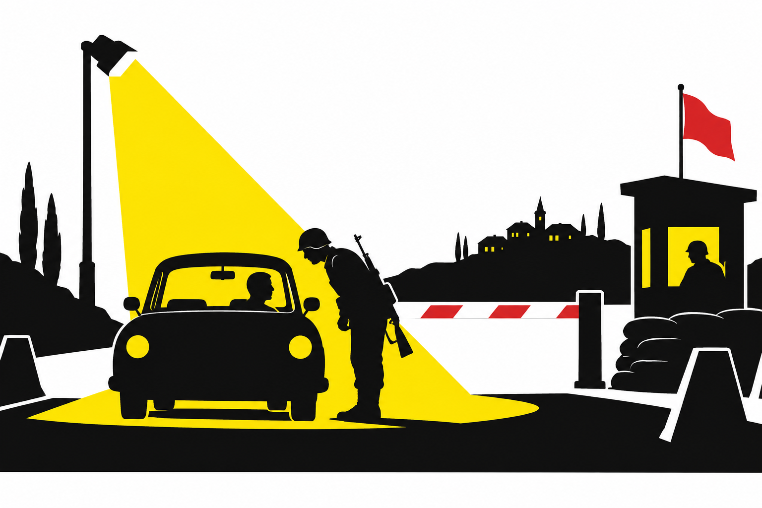 Een auto bij een nachtelijke wegcontrole, verlicht door een gele schijnwerper.