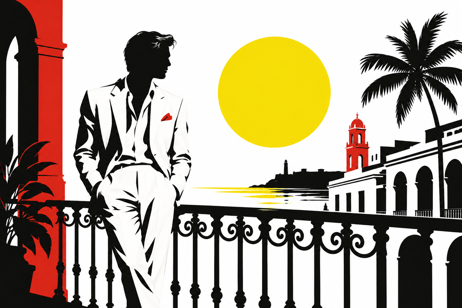 Een man in een wit pak op een balkon in Havana, met een palm en een gele zon.