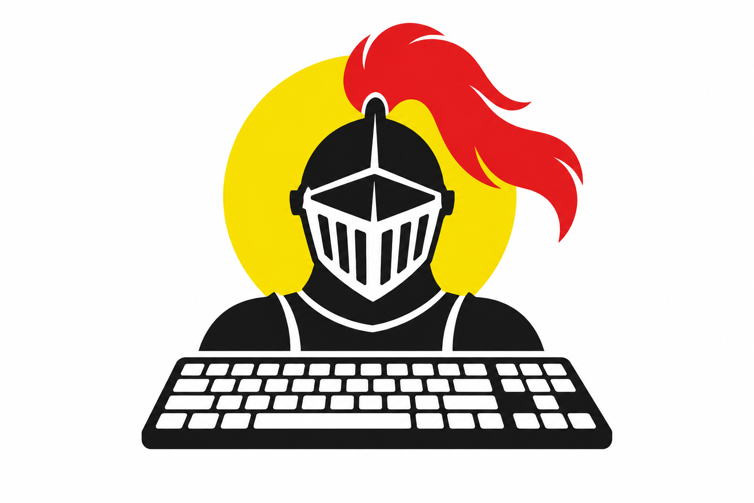 Een zwarte ridderhelm met rode pluim achter een toetsenbord.